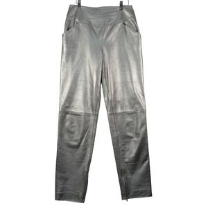 Vintage Chanel 44 12 Leather Pants Silver Metallic 99A Lambskin Silk Tapered Y2K
